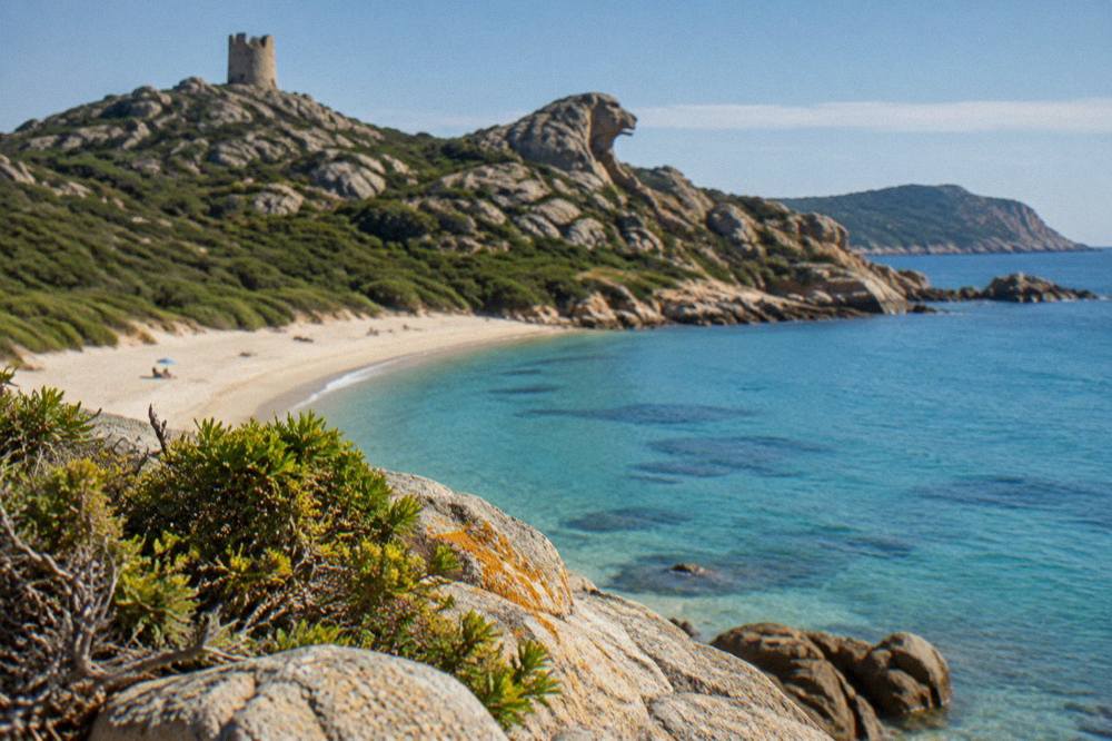 A southern Corsican bay in late afternoon light with calm sea and distant headland.
