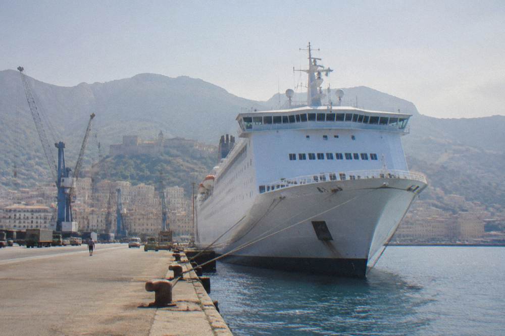 Ferry vessel at the commercial port of Bastia seen from the coast of Corsica