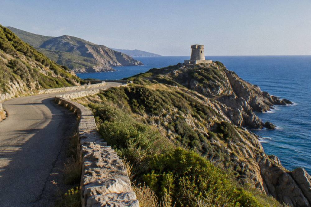 Coastal road and scrubland scenery of Cap Corse near Bastia, Corsica