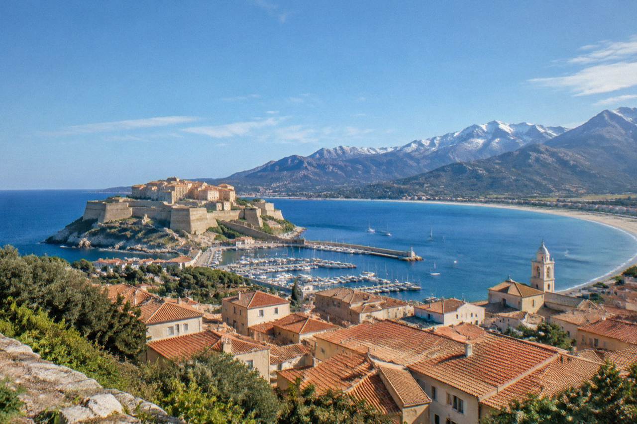 A view over the red rooftops of Calvi in Corsica with its citadel and the sea beyond
