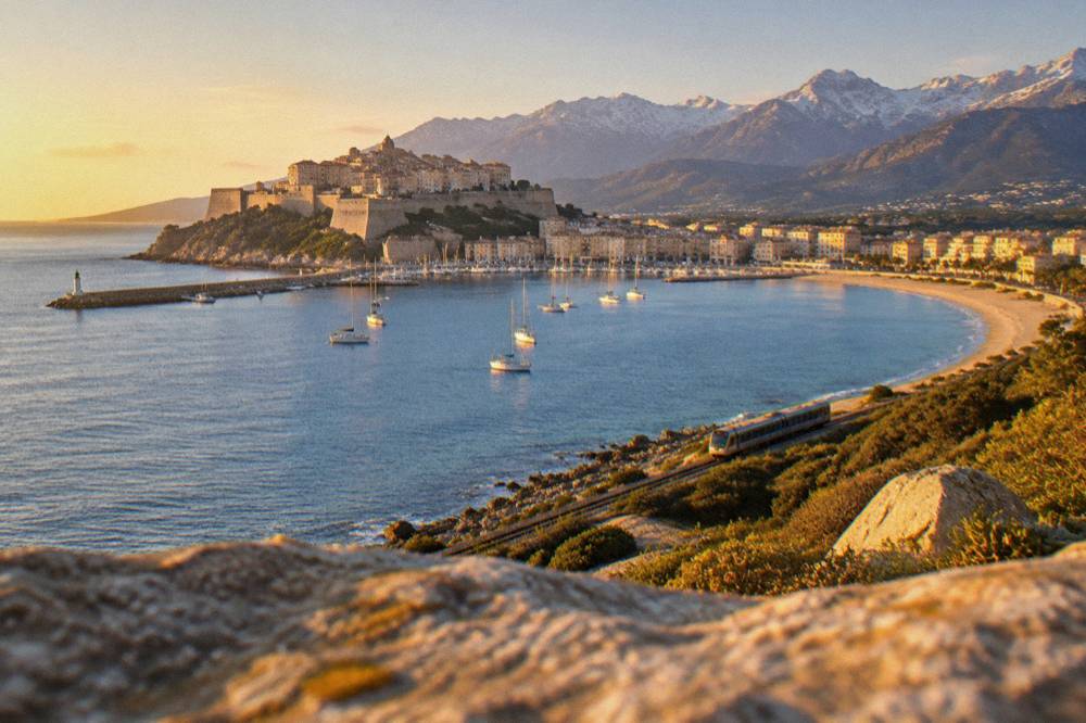 A small Corsican train running along the coastline near Calvi