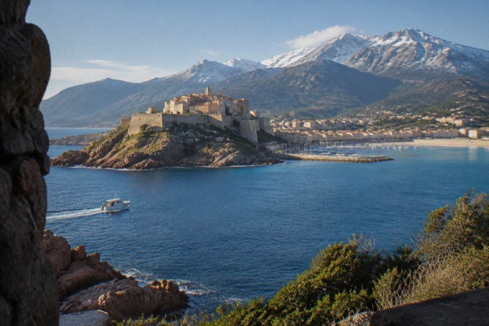 A boat cruising near red granite cliffs on the Corsican coast west of Calvi