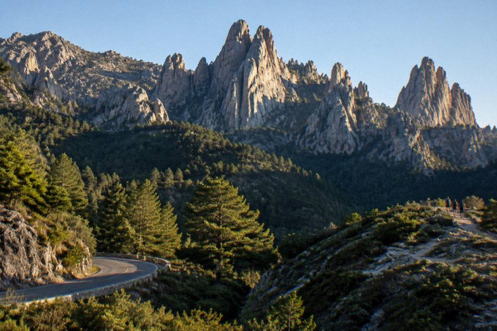 Granite peaks of the Bavella needles at golden light with dark pine slopes below