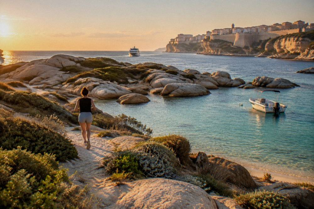 A small ferry approaching the harbour of a clifftop town