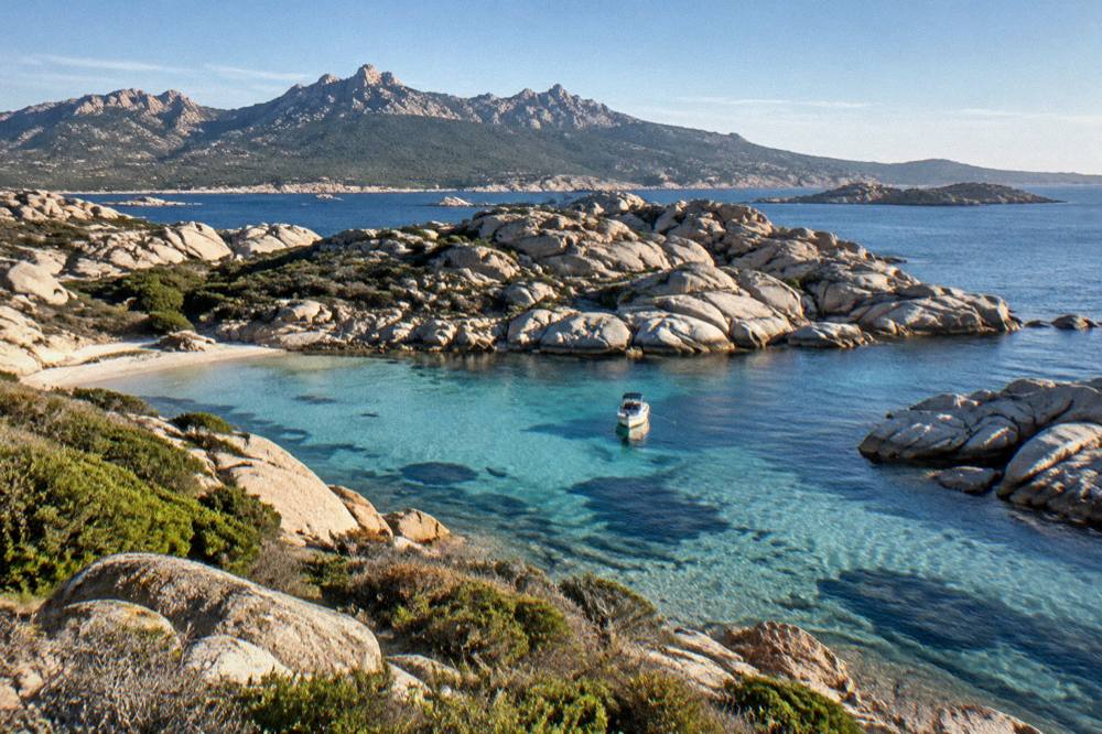 Rocky mountain peaks rising above forested slopes in southern Corsica