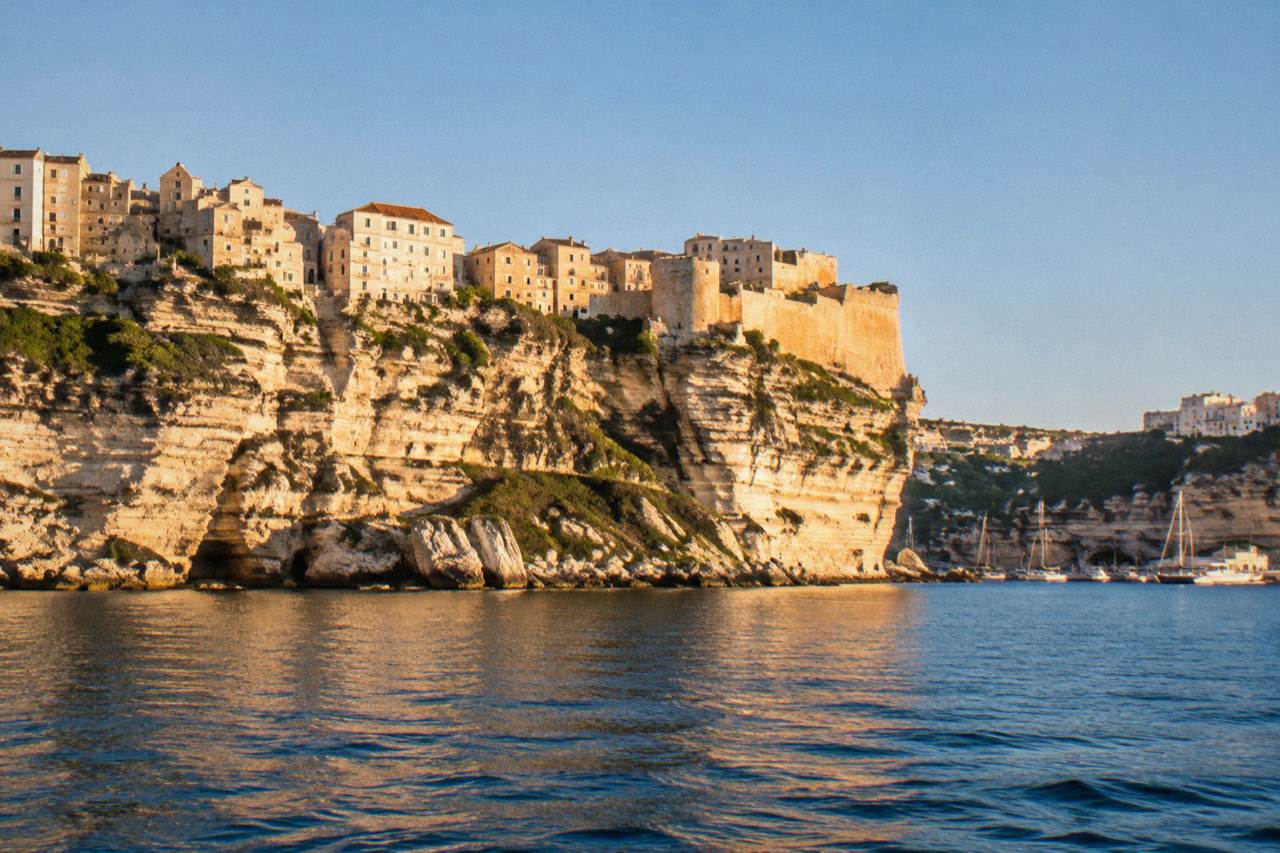 The clifftop town of Bonifacio seen from the sea on a clear day