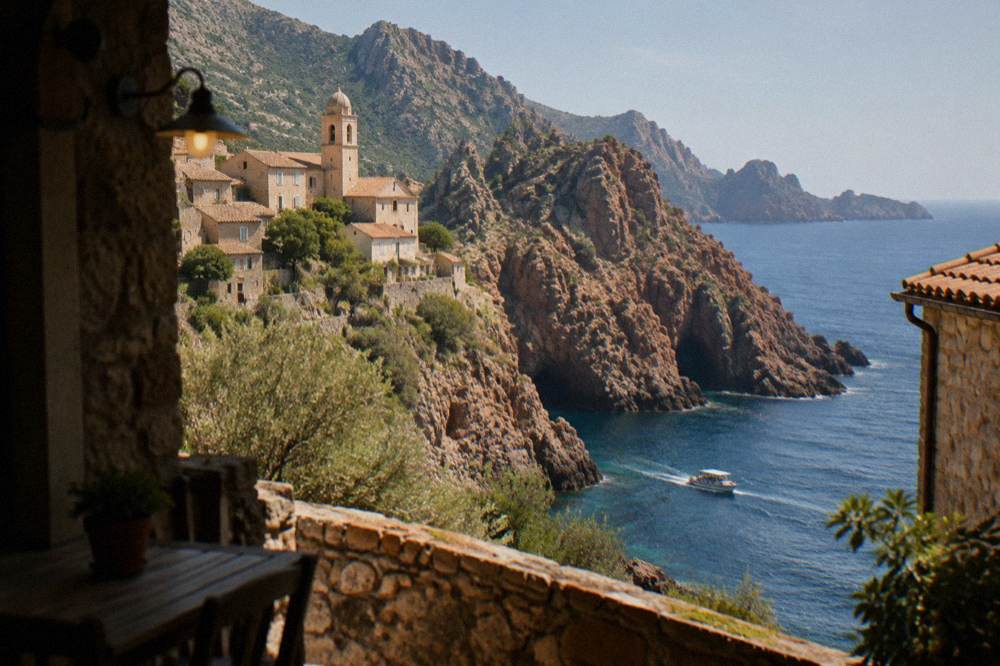 A small boat cruising close to red cliffs and a sea cave on the Piana coast