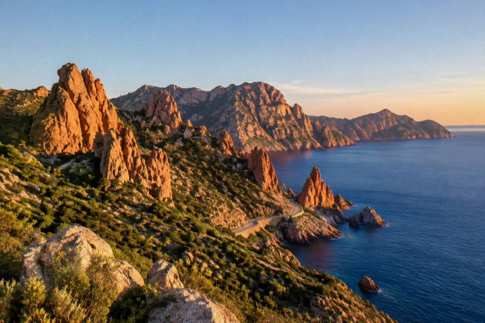 Sunset light on red granite formations and the sea at the Calanques de Piana