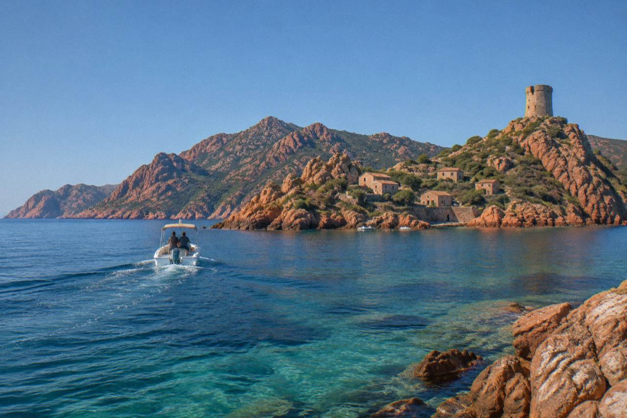 A boat crossing clear water towards red granite cliffs on the Corsican coast