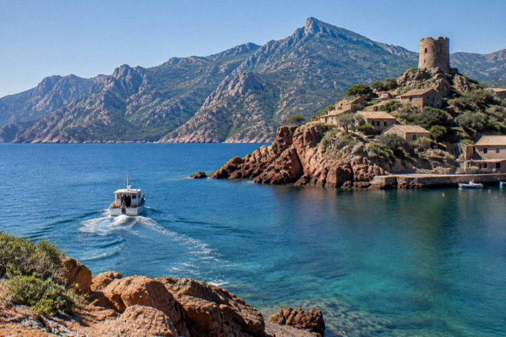 A boat leaving a harbour in morning light with a mountainous coastline behind