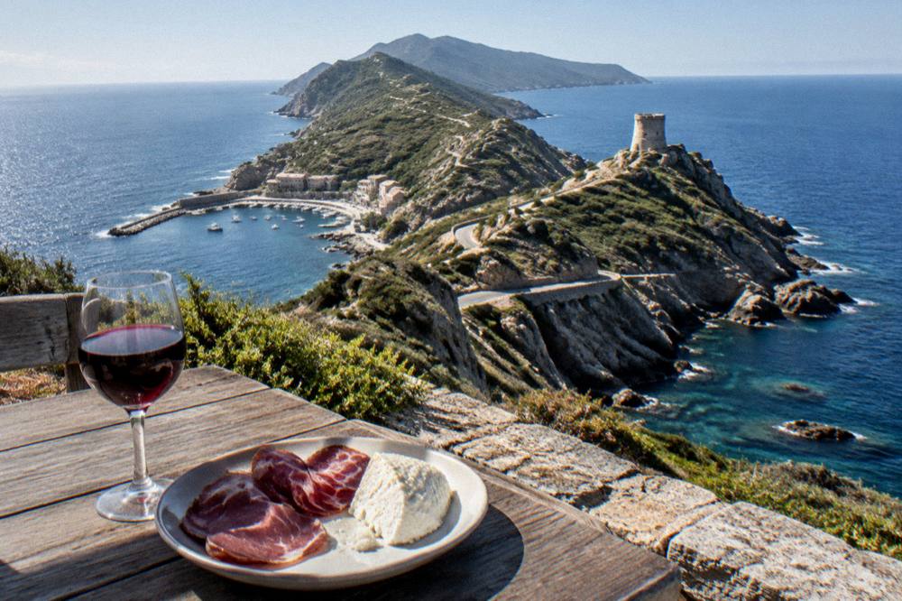 A table with a glass of red wine, a plate of charcuterie and a wedge of brocciu cheese