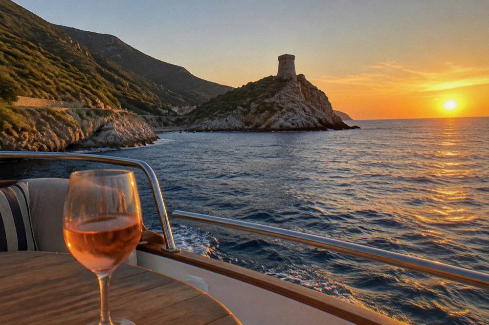 Sunset over the sea seen from a boat with a glass of rosé on the table