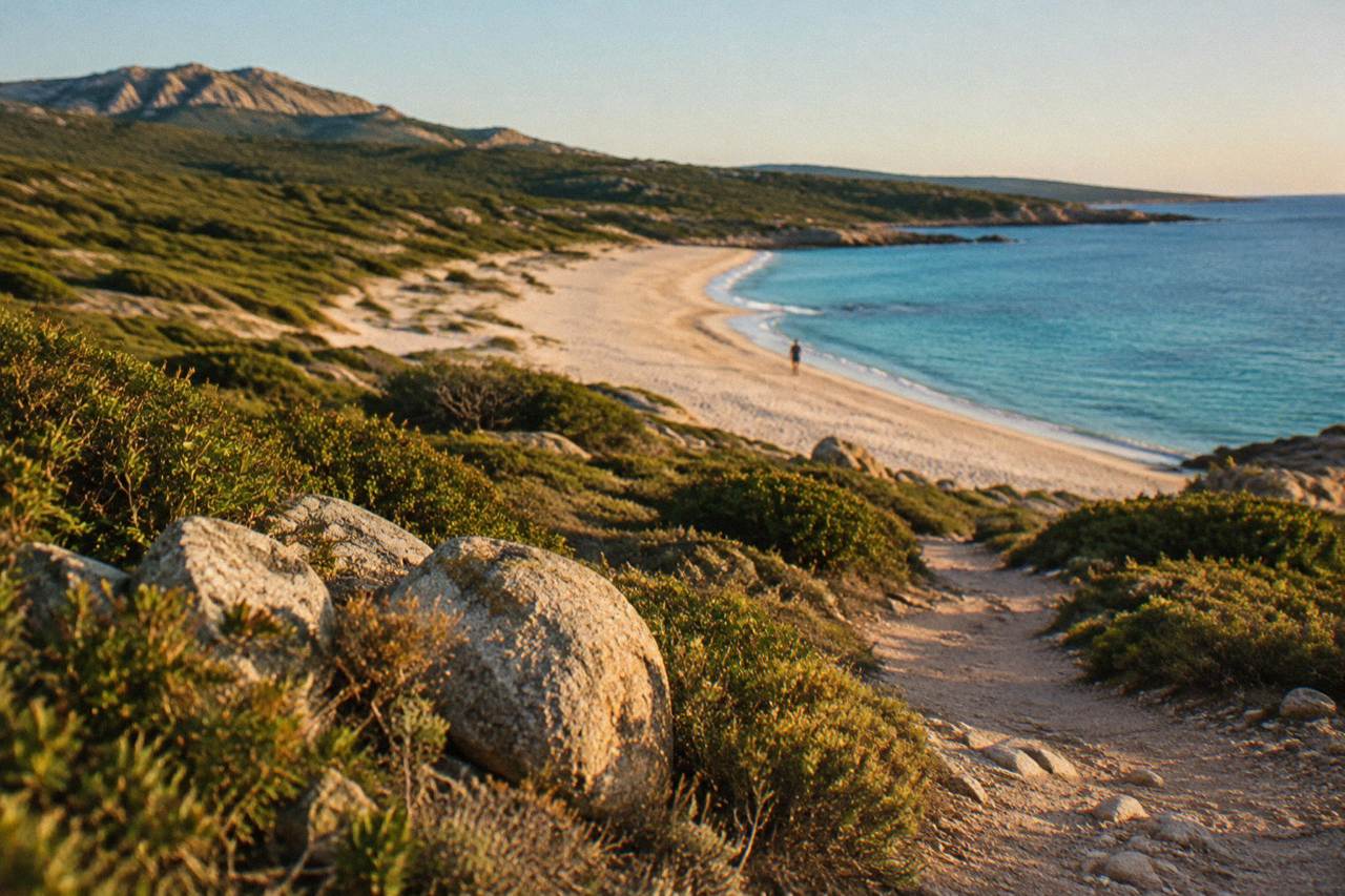 A wide empty sandy beach backed by low green scrub under a clear sky