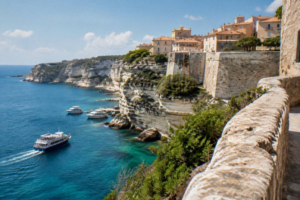 A stone Citadel town on white cliffs above a harbour with tour boats