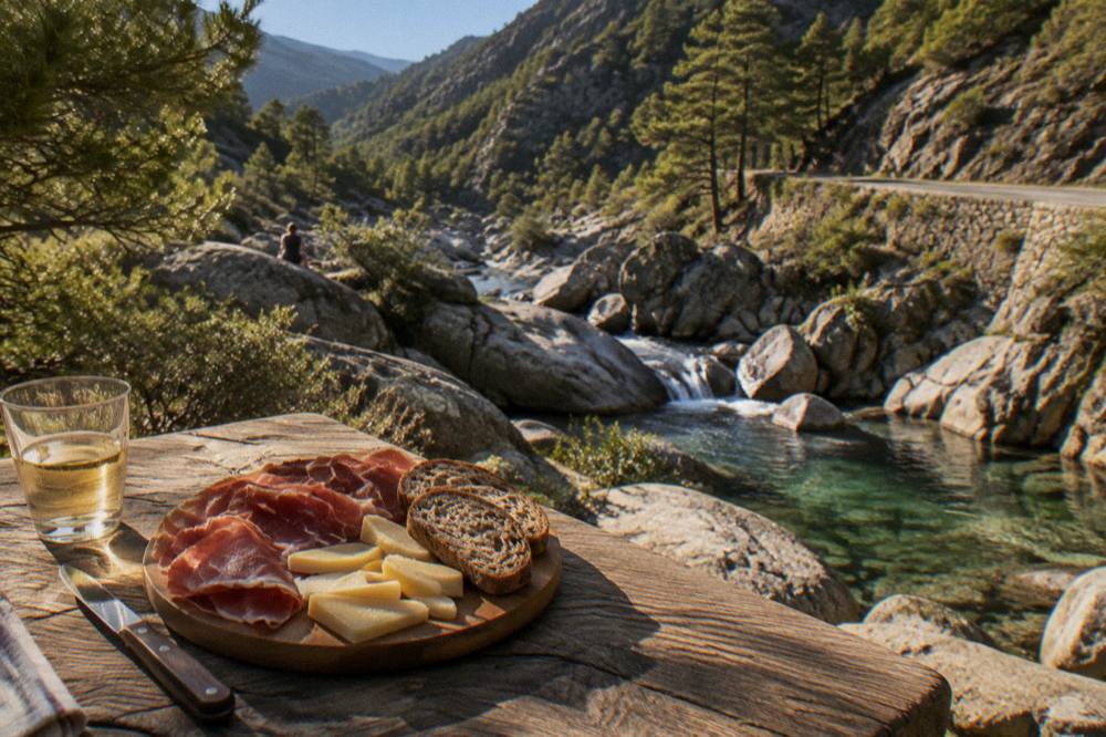 A rustic Corsican platter with cured ham, cheese and chestnut bread on a wooden table