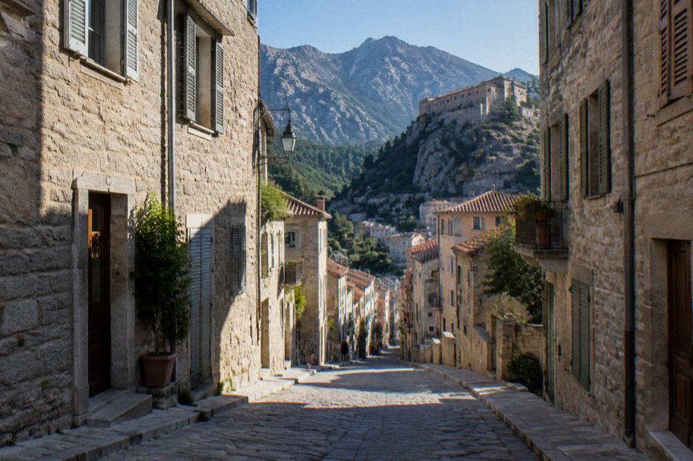 The narrow main street of Corte with tall granite houses on both sides