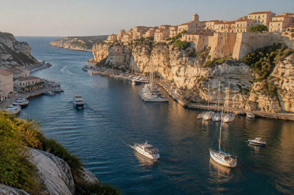A coastal town seen from the sea with buildings above a rocky shoreline