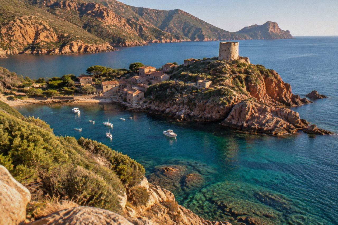 A red rock coastline rising from clear water under a blue sky