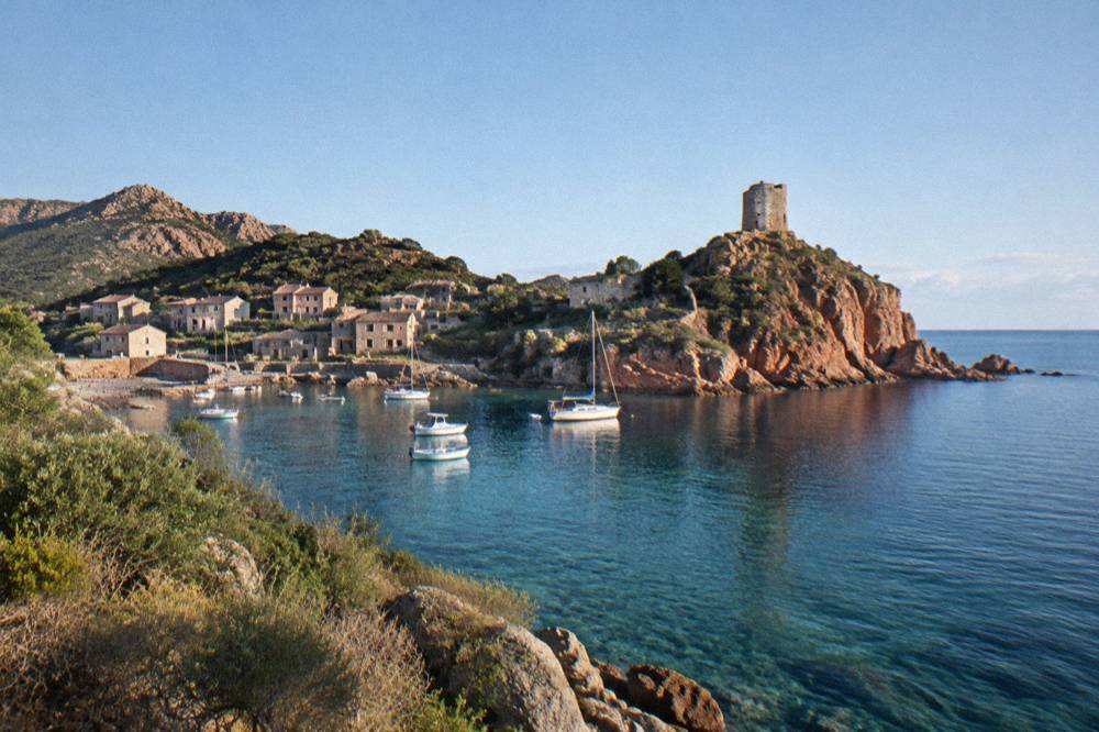 A sheltered cove with a stone hamlet and boats at anchor