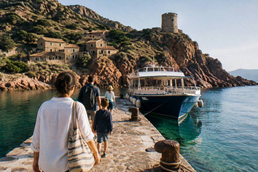 A family walking on a stone quay toward a moored excursion boat