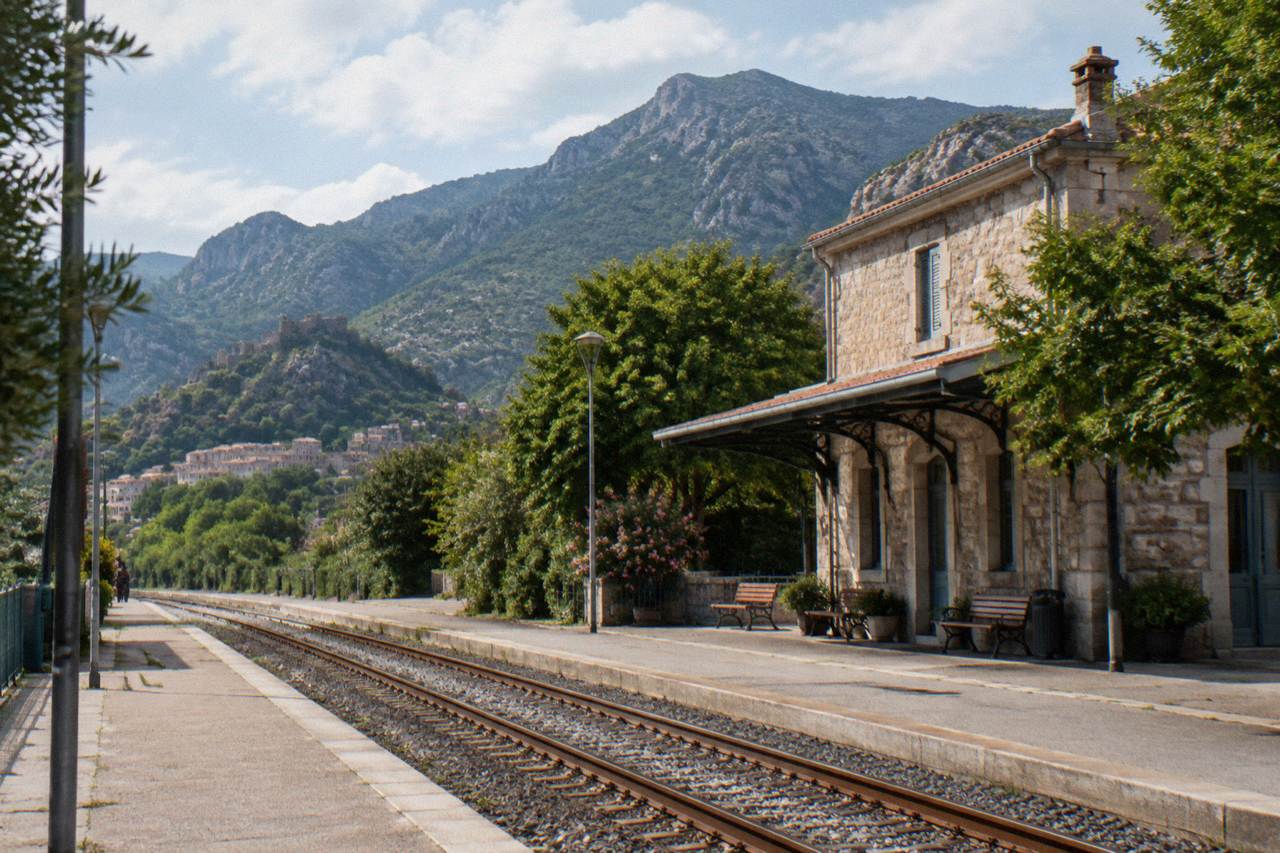 A small Corsican train on a coastal viaduct above a turquoise bay with hills behind