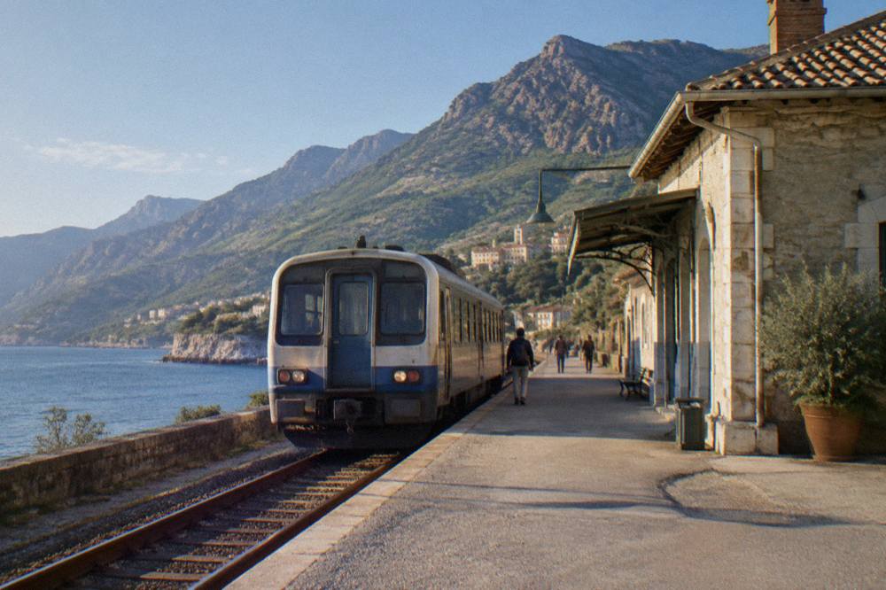 A single-carriage Corsican train stopped at a small seaside station platform