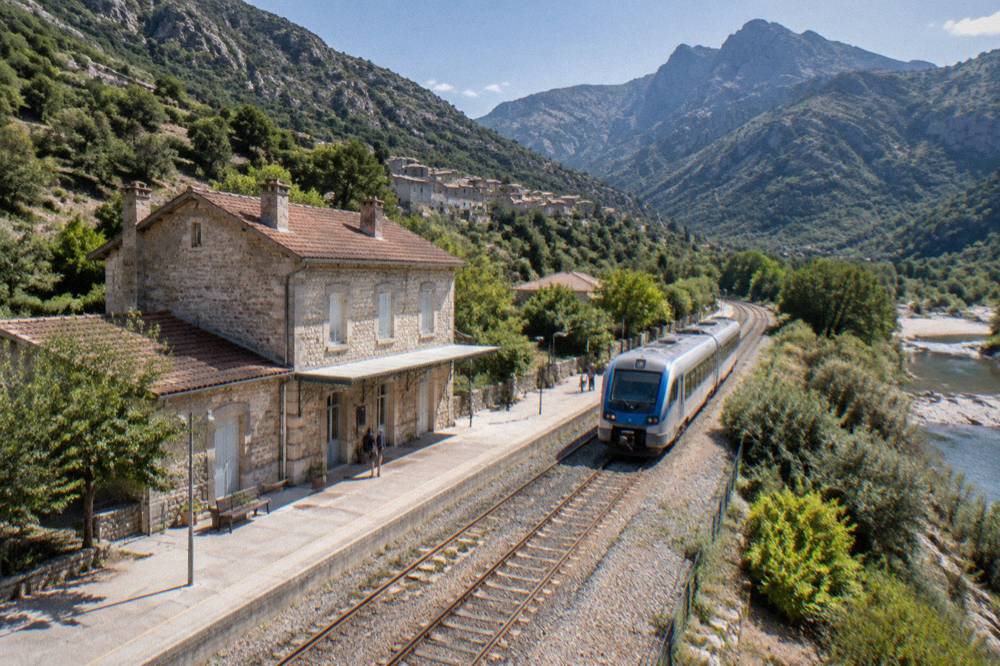 A Corsican regional train travelling beside a sandy beach with calm sea