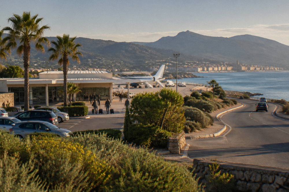A coastal road curving along a Mediterranean bay towards a town skyline