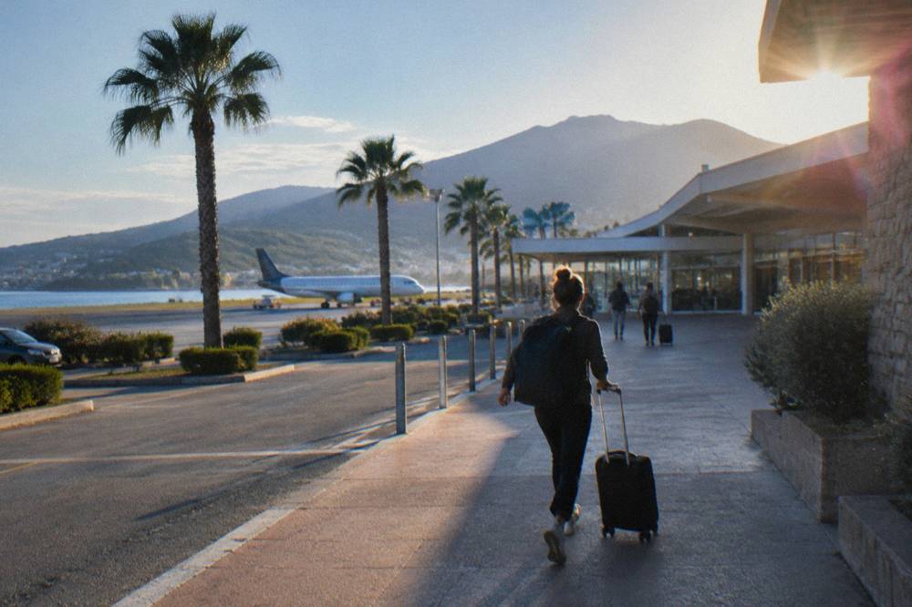 A sunny Mediterranean seafront promenade with palm trees and a calm bay
