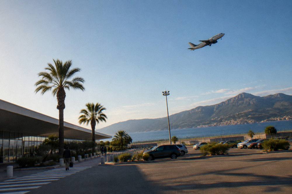 An airliner climbing over a blue Mediterranean sea with a mountainous island coastline below