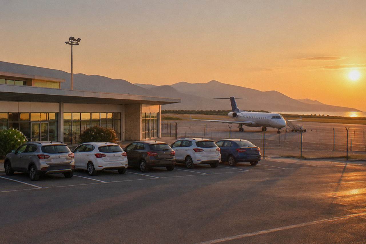 Airliner parked at a small Mediterranean airport terminal with dry hills behind it