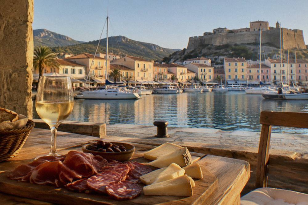Slices of Corsican charcuterie and cheese arranged on a wooden board