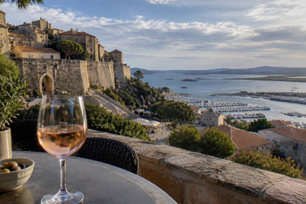A glass of Corsican wine on a terrace table in evening light