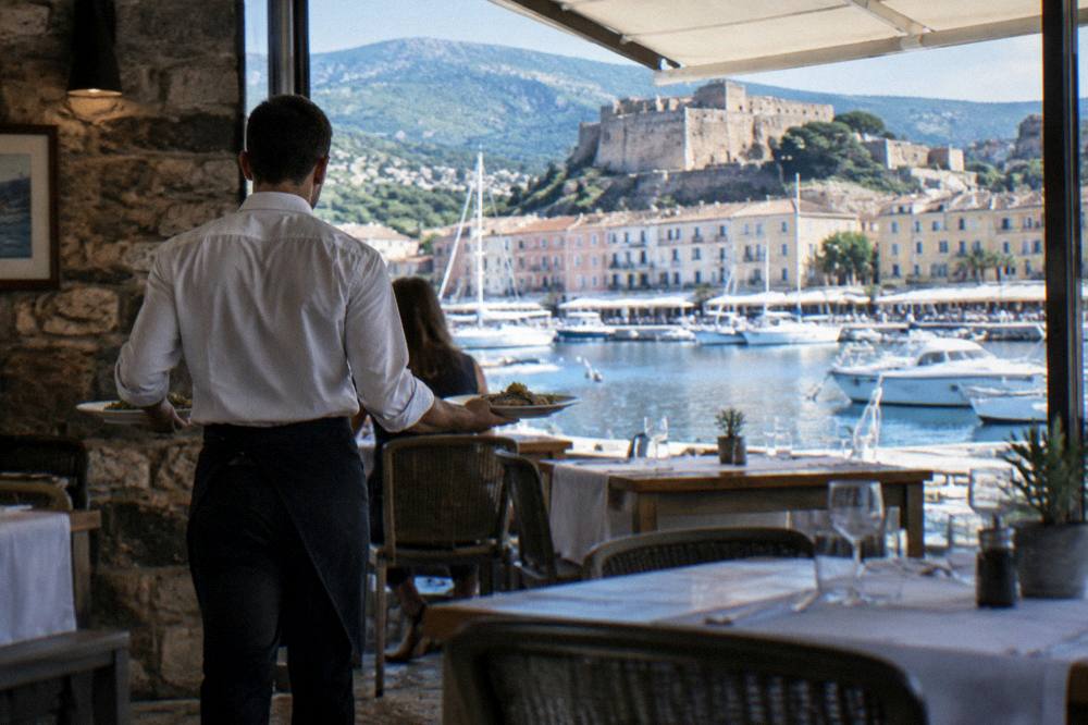 A waiter bringing plates to a table inside a small restaurant