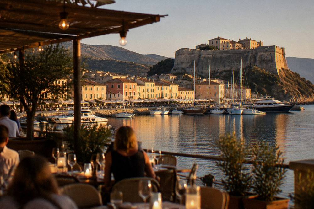An evening restaurant terrace with lights above the tables and the sea beyond