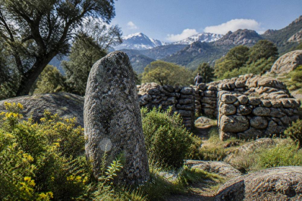 A prehistoric stone standing in a maquis landscape under a spring sky