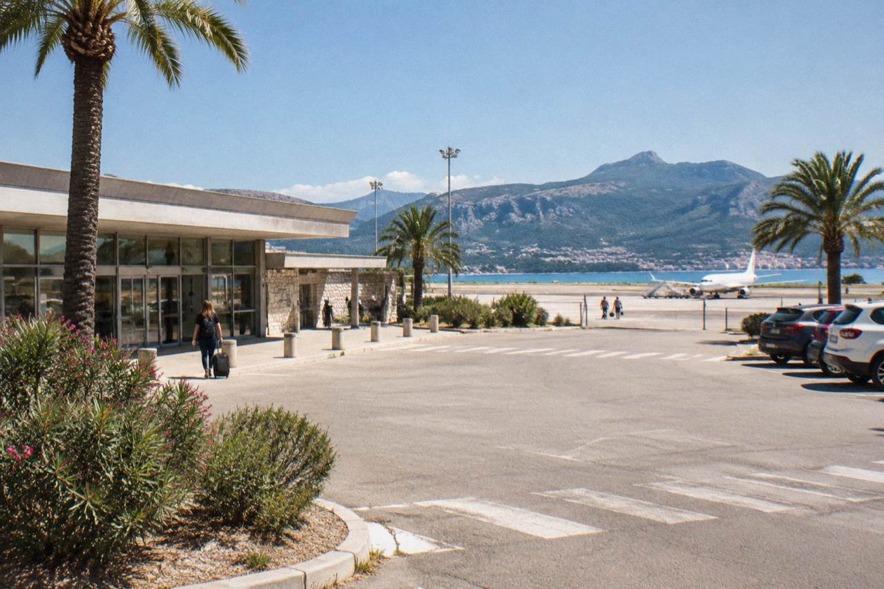 A small airport terminal beside a bay with mountains in the background on the Corsican coast