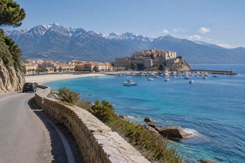 A coastal road curving along a bay with a Genoese-style citadel on the point at Calvi