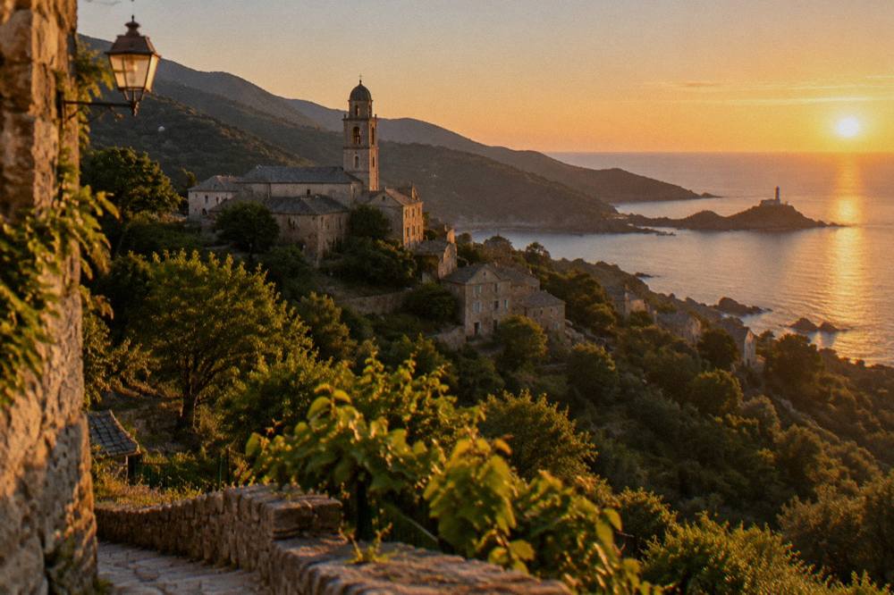 Sunset over the sea with rocks and a lighthouse on a Corsican peninsula