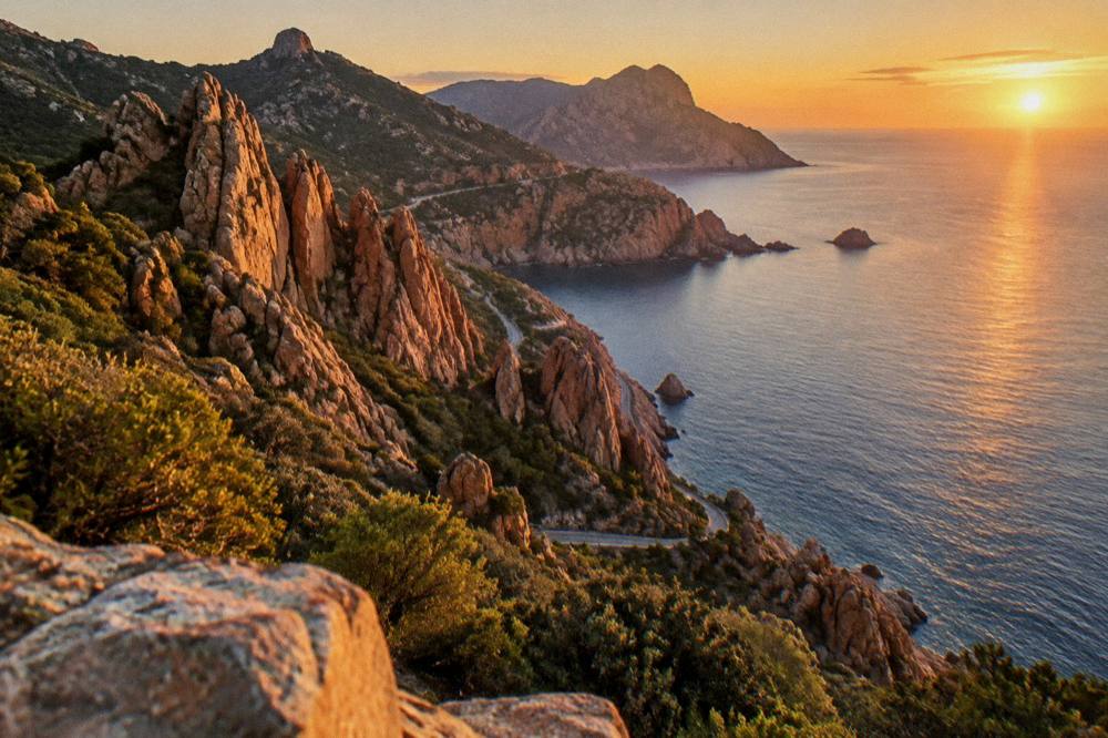 A sunset over calm Mediterranean water seen from a rocky shoreline