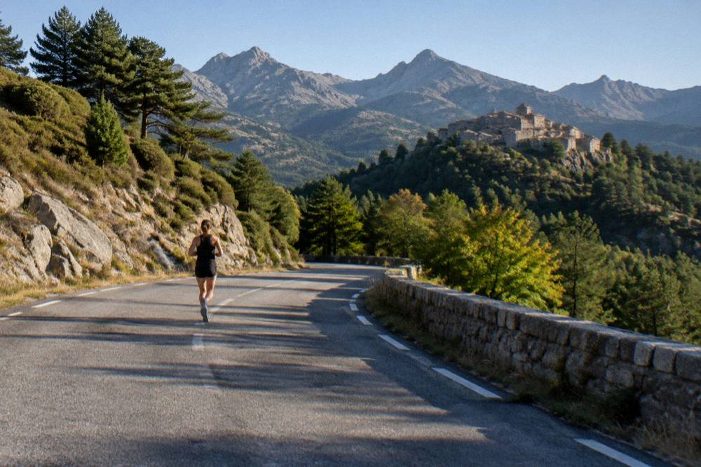 A stone hilltop village perched on a wooded ridge in the Corsican interior