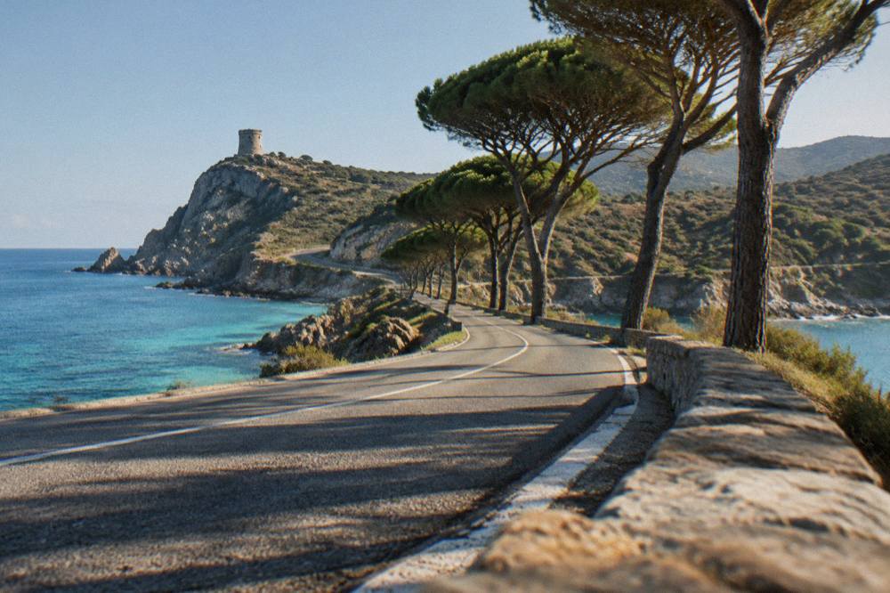 A coastal road curving beside turquoise water with a line of parasol pines in Corsica