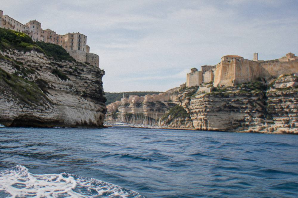 The citadel and harbour of Bonifacio seen from the water at the southern tip of Corsica