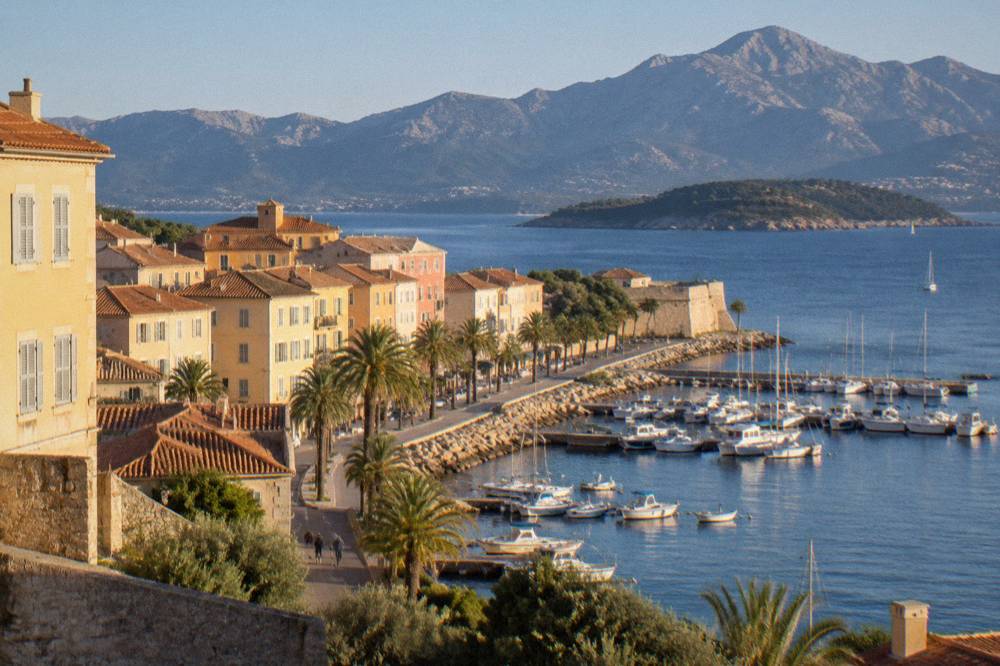 The seafront of Ajaccio with its gulf and wooded islands in the background