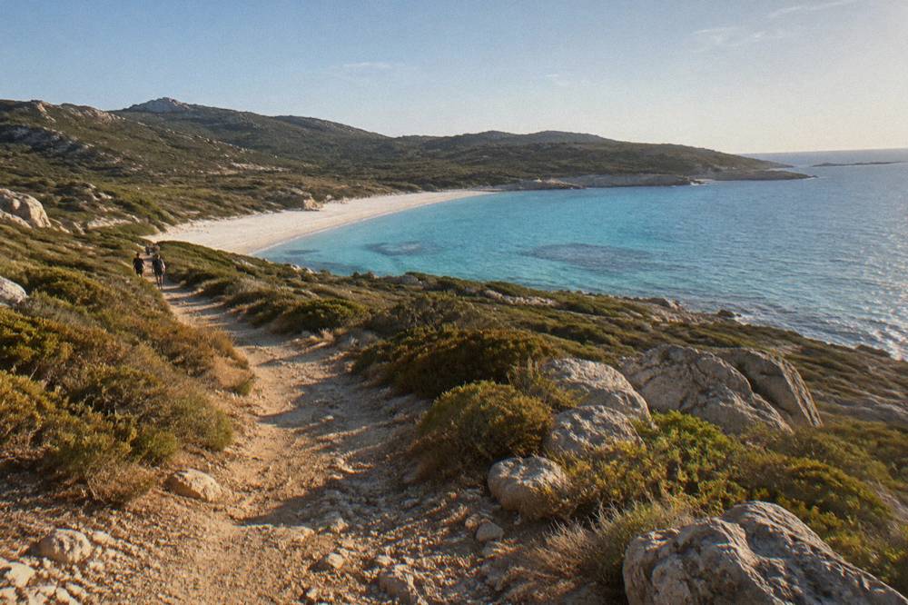 A white sand beach in the Désert des Agriates backed by low maquis hills