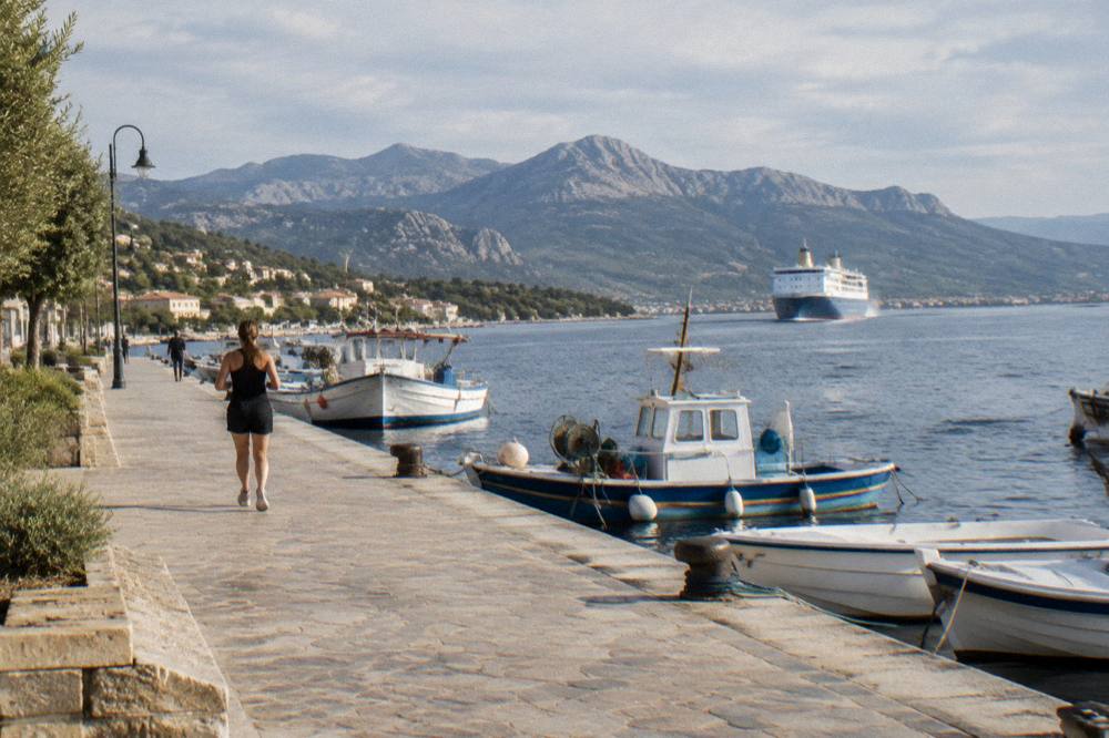 A large ferry at sea approaching the Corsican coast in morning light