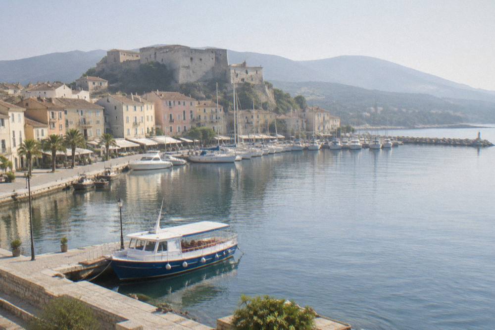 A small passenger boat moored in a Corsican marina in the early morning