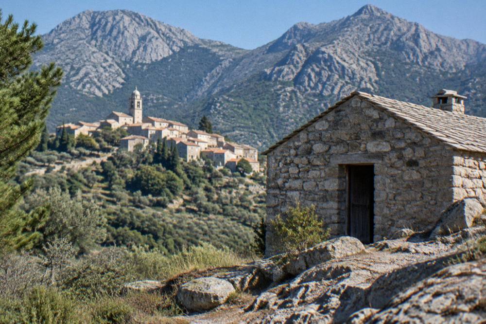 A simple stone mountain refuge with a pitched roof beside a rocky plateau