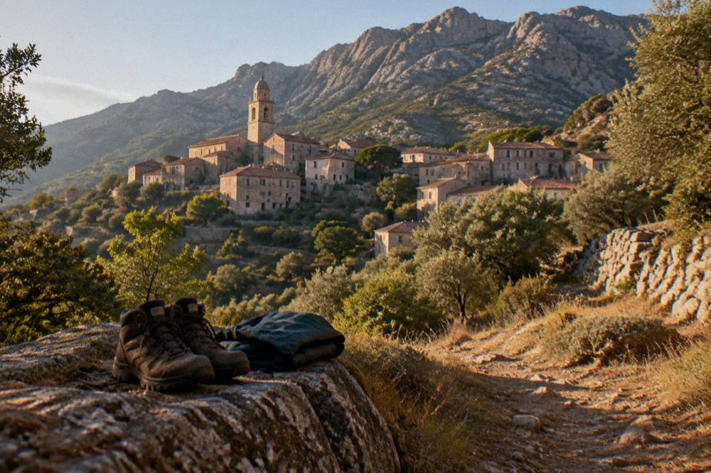 Hiking boots, a folded map and a sleeping bag laid out on a wooden floor before a trek