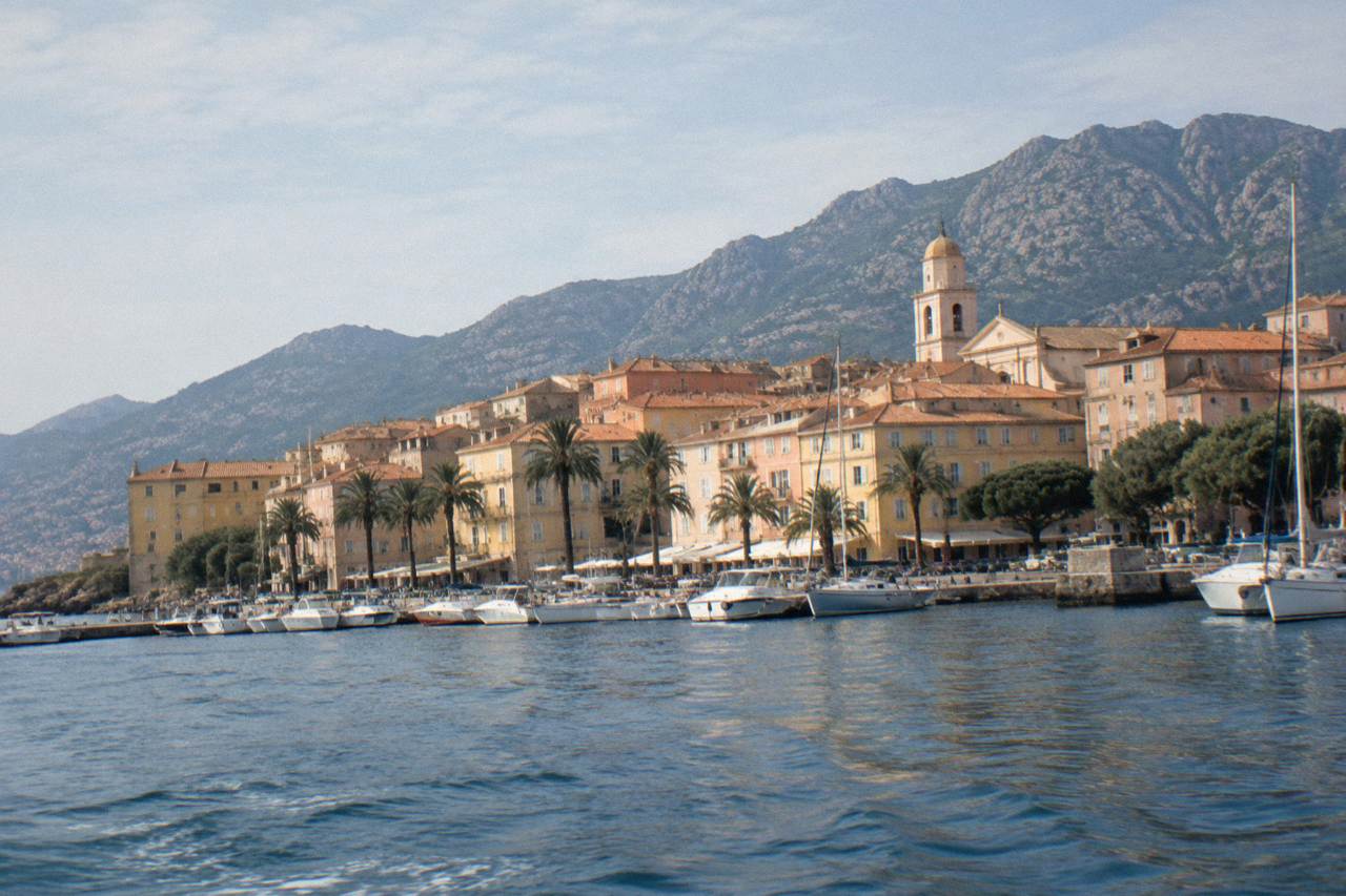 The old harbour and town rooftops of Ajaccio seen from the sea